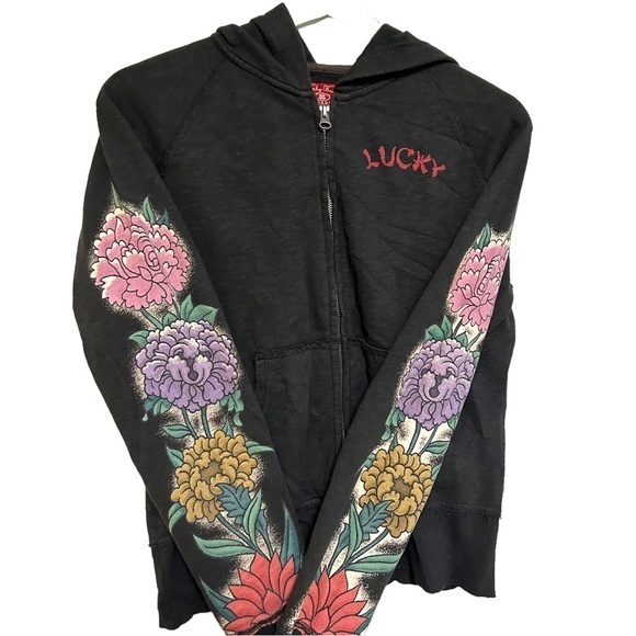 Y2K lucky brand S zip up hoodie sweatshirt floral tattoo print boho rocker 00s